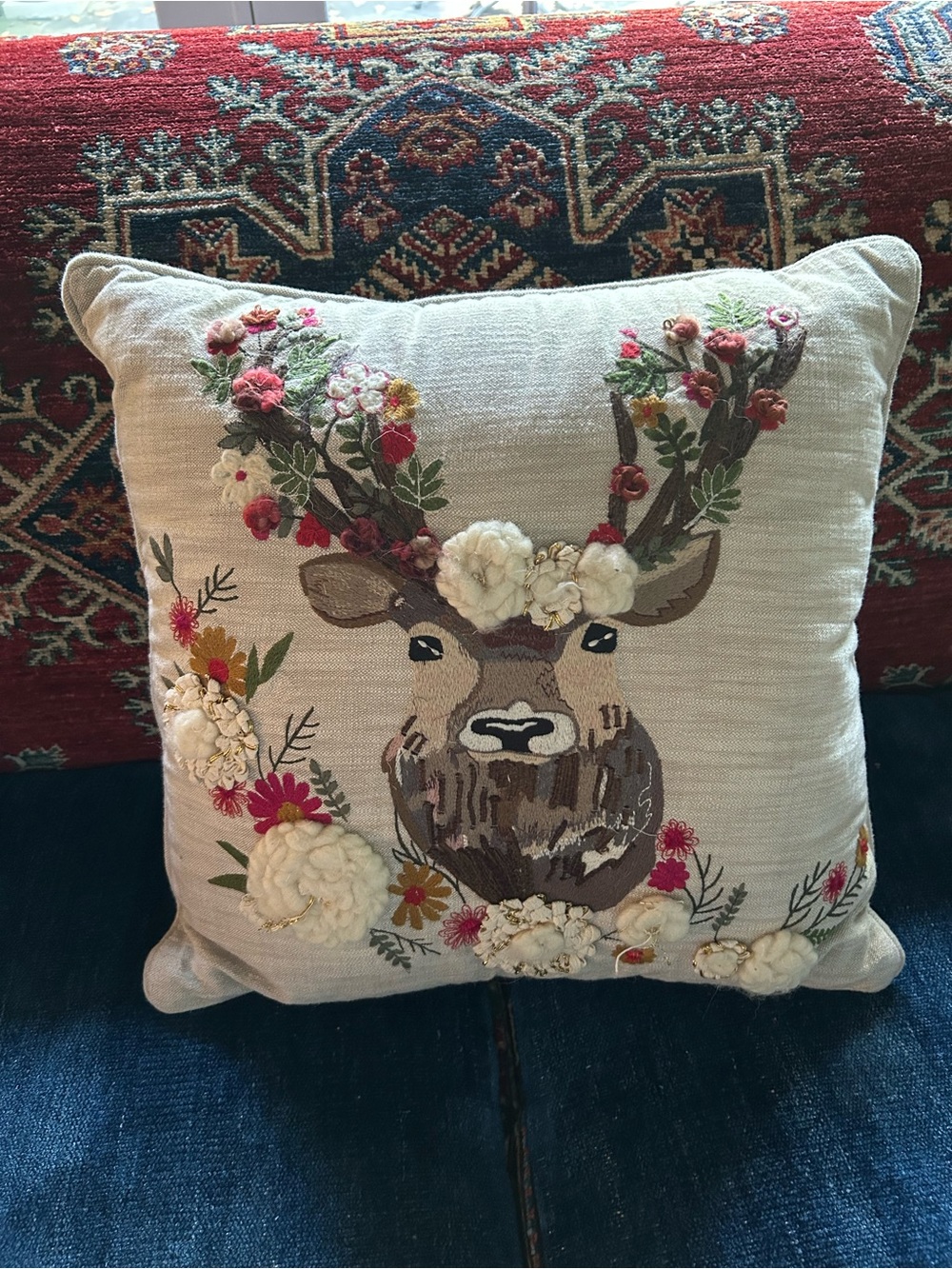 Embroidered Reindeer Floral Accent Pillow - Cream